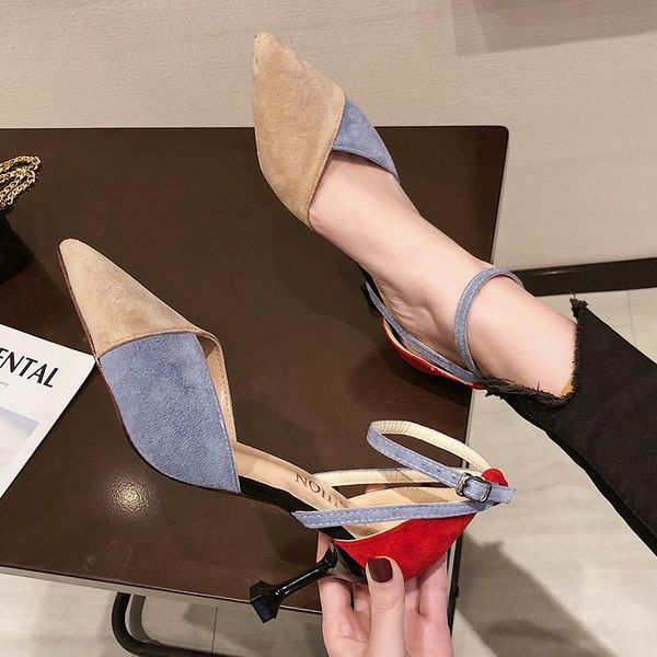 

dress shoes designer summer patchwork scrub women luxury high thin heel brand girl beach party pointe toe ankle strap pumbs, Black