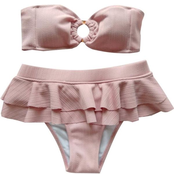 

two-piece suits womens 2pcs pink bikini set strapless o-ring high waist ruffled swimsuit g99d