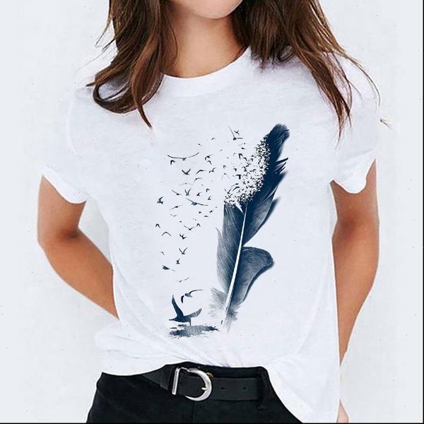 

feather fashion printing clothing womens t shirt casual print graphic tee, White