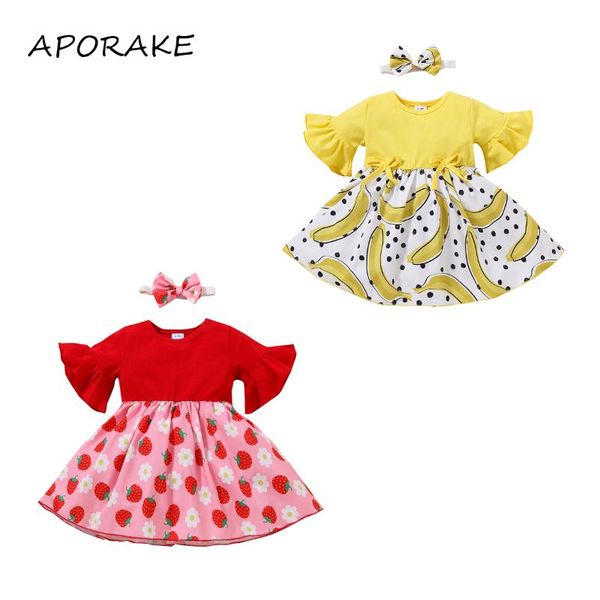 

girl's dresses 2021 0-3y infant summer baby girls dress fruit print flare sleeve round neck a-line + bowknot headband 2pcs, Red;yellow