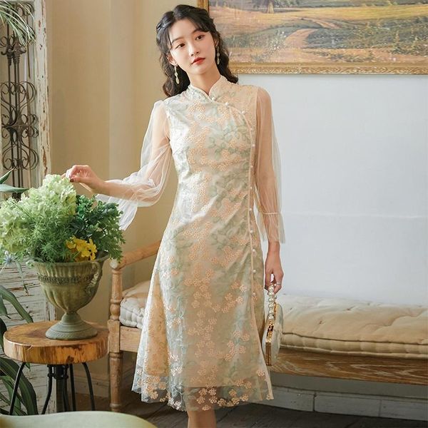 

casual dresses chinese women dress long cheongsam qipao vintage oriental wedding party modern 2021 clothing one-piece, Black;gray