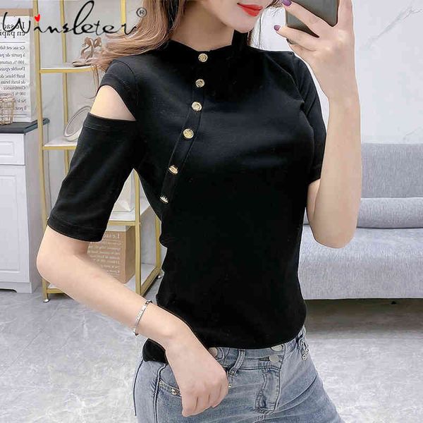 

women's t-shirt summer korean style cotton solid turtleneck hollow out button women half sleeve casual slim tees 2021 t1, White