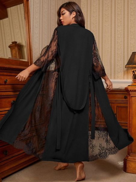

plus eyelash lace panel belted sleep robe without lingerie x9mx#, Black;white