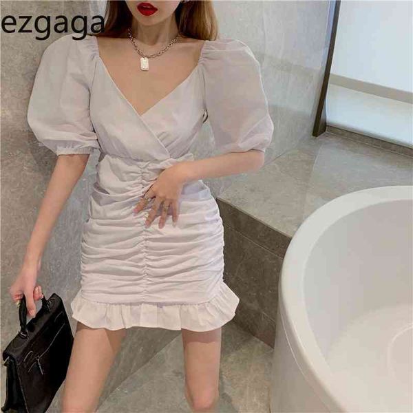 

ezgaga korean fashion mini dress women v-neck puff sleeve ruched summer new solid high waist ladies bodycon clubwear 210430, Black;gray