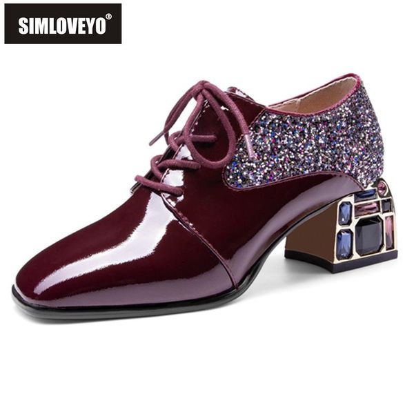 

dress shoes simloveyo 2021 pumps square toe 5cm strange heels genuine leather lace-up bling stylish patchwork big size 33-48 b2383, Black