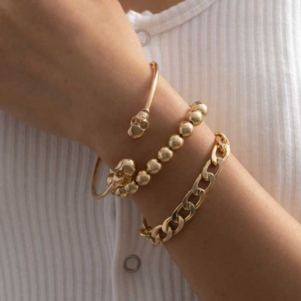 

link, chain diezi multilayer hip hop punk skull bracelet vintage gold silver color ccb plastic beads bangle sets jewelry, Black