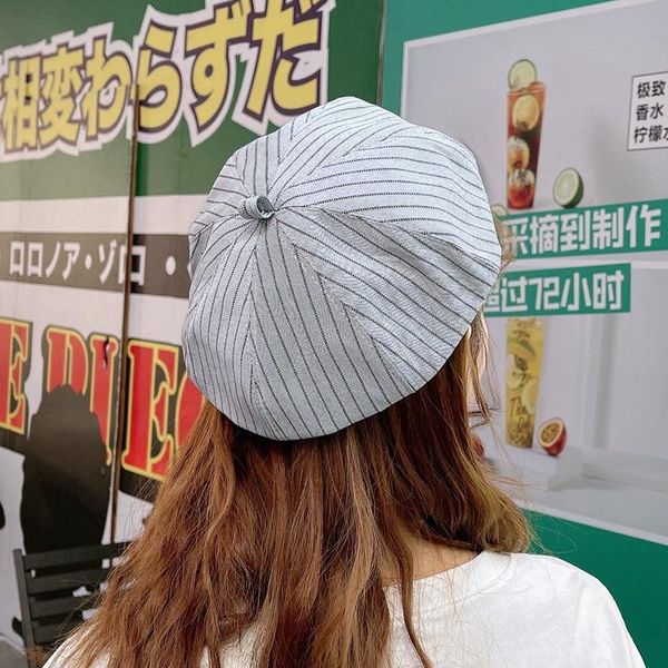

berets spring and summer beret japanese style cute painter hat vertical stripes octagonal tide can be worn in all seasons, Blue;gray