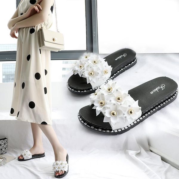 

slippers women's sandals wear summer flowers flat rhinestone beaded shoes, Black