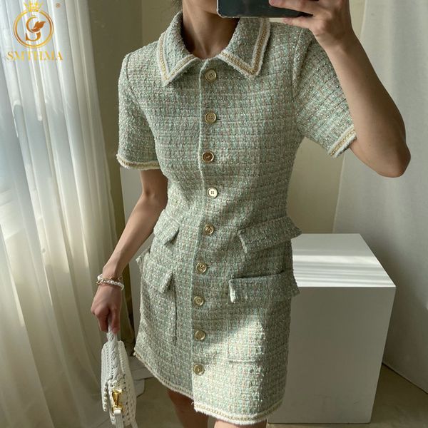 Abito da sera elegante da donna Moda Casual Tweed Risvolto di lana Manica corta Abiti estivi 210520