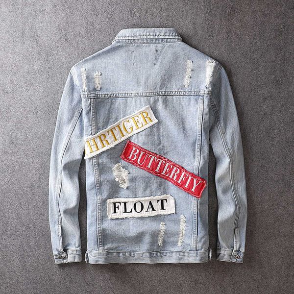 

men's jackets streetwear designer cotton punk coats fashion casual retro light blue patches hip hop ripped denim jacket qw8g, Black;brown