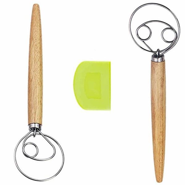 

baking & pastry tools wooden handle dough mixer set self-adhesive bag packaging single eye coil manual flour whisk
