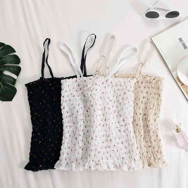 

flower printe crop women underwear cute crop for women summer adjustable straps pleated, White