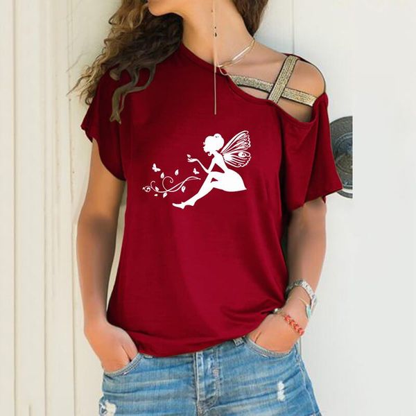 

women's t-shirt fairy sit leaf loose women irregular tshirt lover gift punk harajuku skew neck cross bandage, White