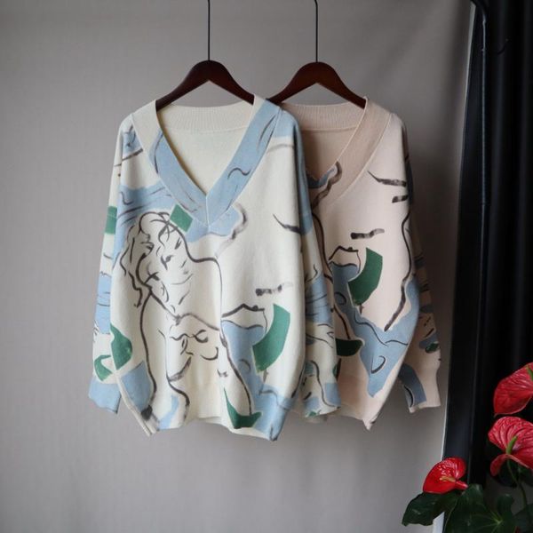 

japanese printing soft milk blue v-neck sweater female easy lazy gentle wind of fund 2021 autumn winters women's sweaters, White;black