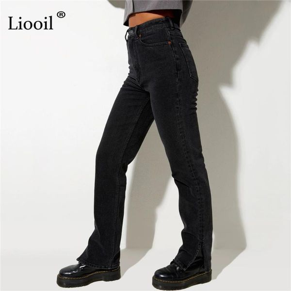 

women's jeans liooil boyfriend slit high waisted women streetwear straight leg black skinny pants fall 2021 casual denim trousers, Blue