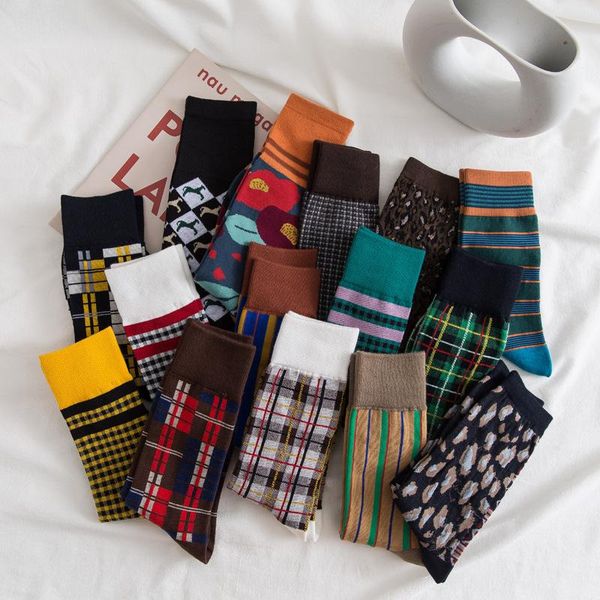 

cozy breathable combed cotton socks women fashion flower leopard lattice striped tide winter autumn casual warm sox & hosiery, Black;white