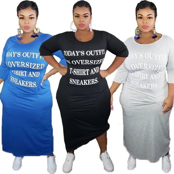 

casual dresses solid letter women dress scoop neck three quarter sleeve loose all matching ankle length for sports club wear, Black;gray