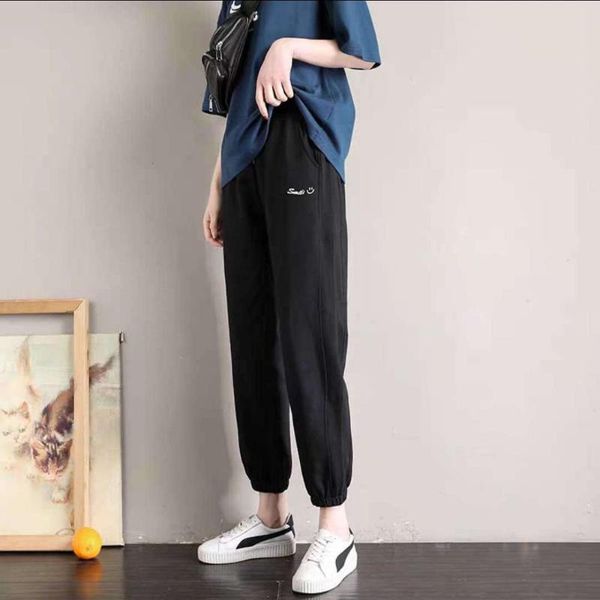 

women's spring autumn jogger pants high waist solid color smile embroidery drawstring casual ankle-length kk0216 & capris, Black;white