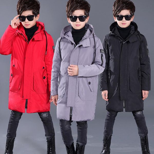 

children down & parkas for boys 6-16year winter kids outerwear casual warm hooded jacket solid color coats -30 degree coat, Blue;gray