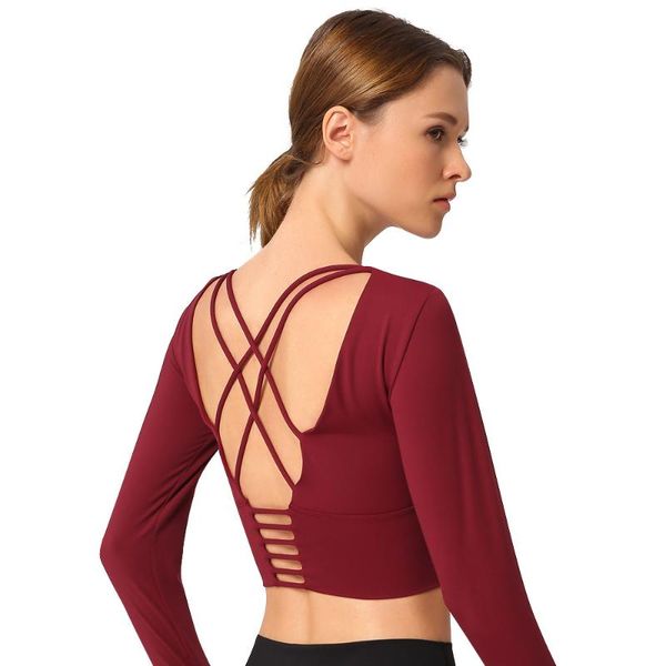 

yoga outfit sport clothes for women sportswear fitness clothing nylon cross straps long sleeve t-shirts padded workout gym