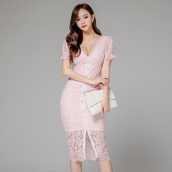 

casual dresses summer short sleeve lace party cloth women v-neck single breasted knee-length bodycon midi pink pclu, Black;gray