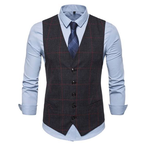 

men's vests 2021 grey business casual slim fashion men plaid single buttons fit male suit for spring autumn s-3xl, Black;white