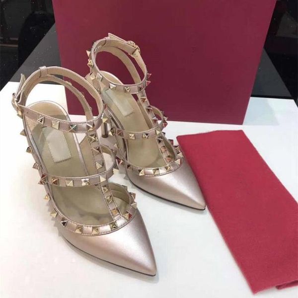 

dress shoes ins brand designer women sandals pointed toe summer woman pumps rivets decor high heels ladies party zapatos mujer, Black