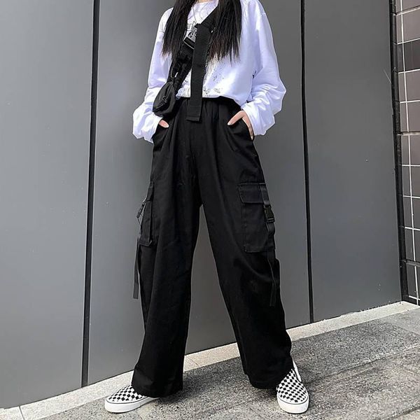 

women's pants & capris black cargo streetwear women fashion solid trousers girls casual high waist hip hop autumn outwear street, Black;white