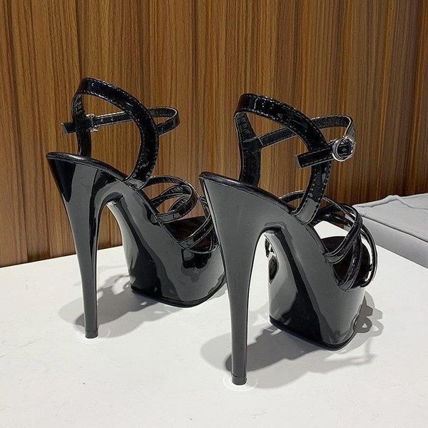 

dress shoes high heeled sandals women's patent leather thin heel versatile one word crossover with model night club heels, Black