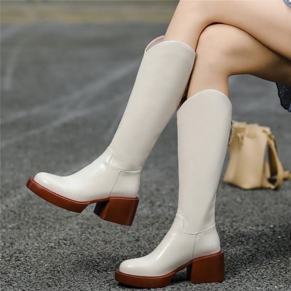 

boots women genuine leather chunky high heels knee motorcycle female thigh round toe platform pumps shoes casual, Black
