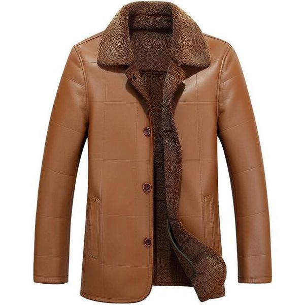

men's fur & faux 2021 brown winter warm plus velvet single-breasted leather jacket men male clothing mens jackets and coats 3xl, Black