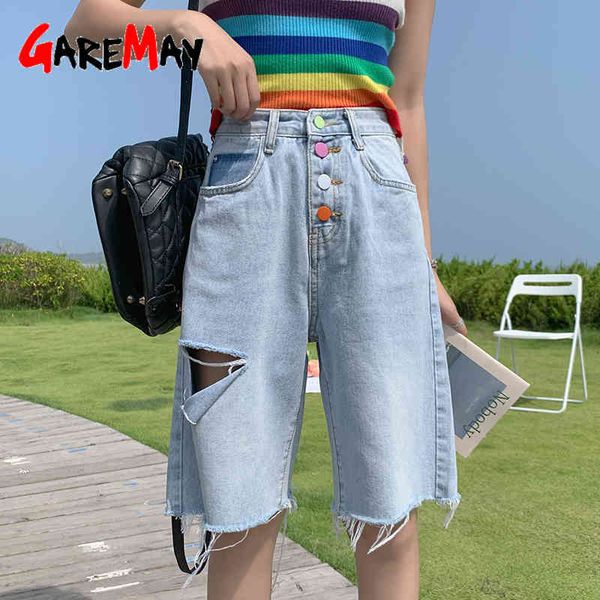 

light blue denim shorts for women ripped high waist stretch loose knee length long breeches female summer 210428, White;black