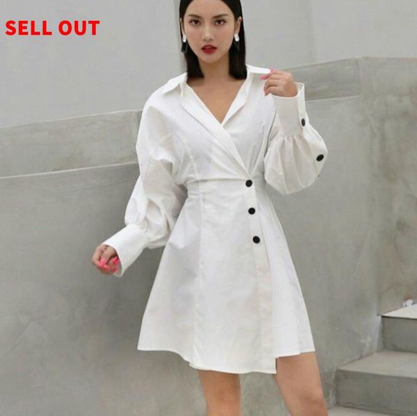 

casual dresses fashion tide fall turn down collar white long sleeve high waist buttons short shirt mini dress autumn women mg192, Black;gray