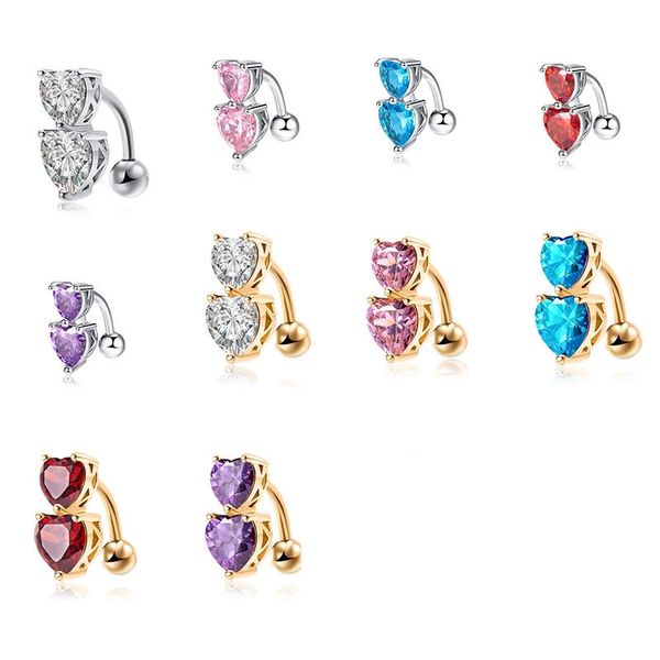 

fashion colorful simple double heart crystal belly button rings for women body jewelry pendant navel ring, Silver