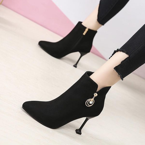 

boots pointed toe high heels ankle for women autumn spring fashion party dress thin heel short shoes, Black