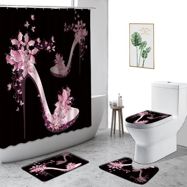 

shower curtains fashion pink high heel curtain red lips love gift girl bathroom decoration set non-slip carpet toilet cover