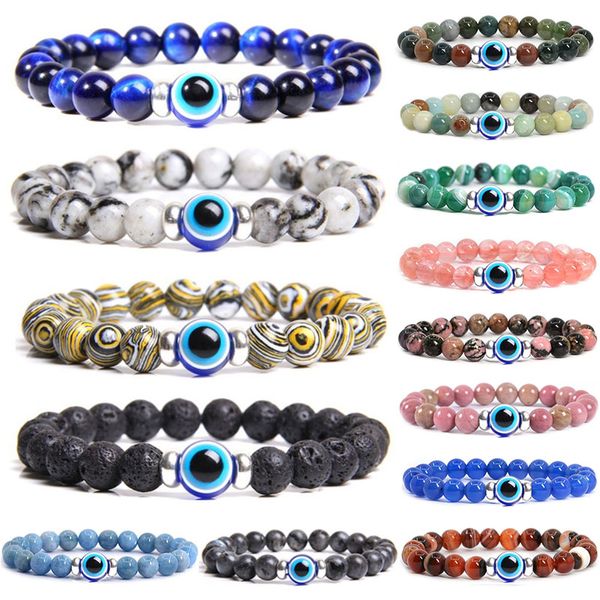 Perlenstrang 8MM Naturstein Evil Eye Armband Handgefertigt Hämatit Tiger Elastische Kristallarmbänder Damen Herren Reiki Schmuck Yoga