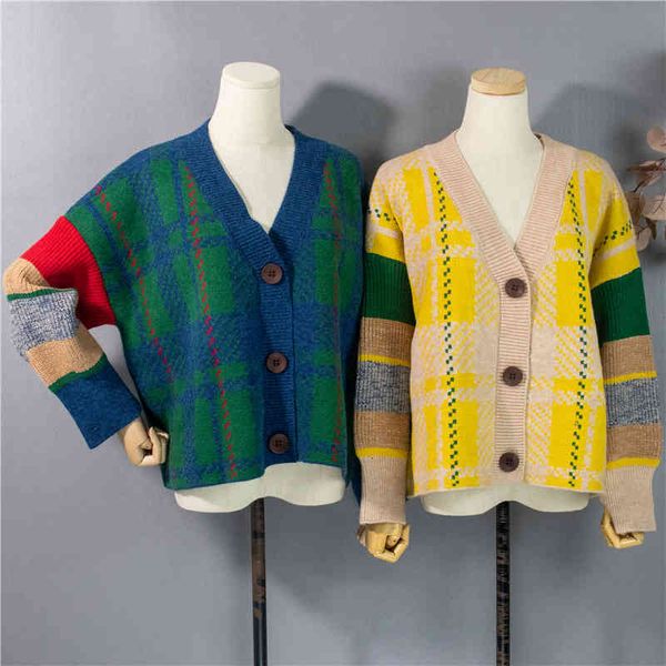 

women's jackets colorfaith autumn winter sweaters v-neck buttons cardigans checkered knitted oversize vintage swc1221jx 2scv, Black;brown