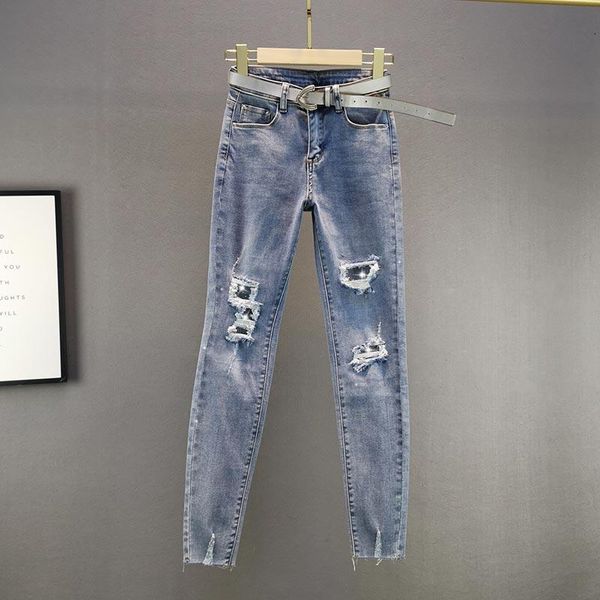 

rhinestone fake hole jeans women's spring 2021 cotton elastic high waist thin slim pants 0127, Blue