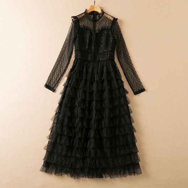 

2021 fall autumn long sleeve round neck wine / black solid color tweed hearts tulle panelled tiered mid-calf dress elegant casual dresses 21, Black;gray