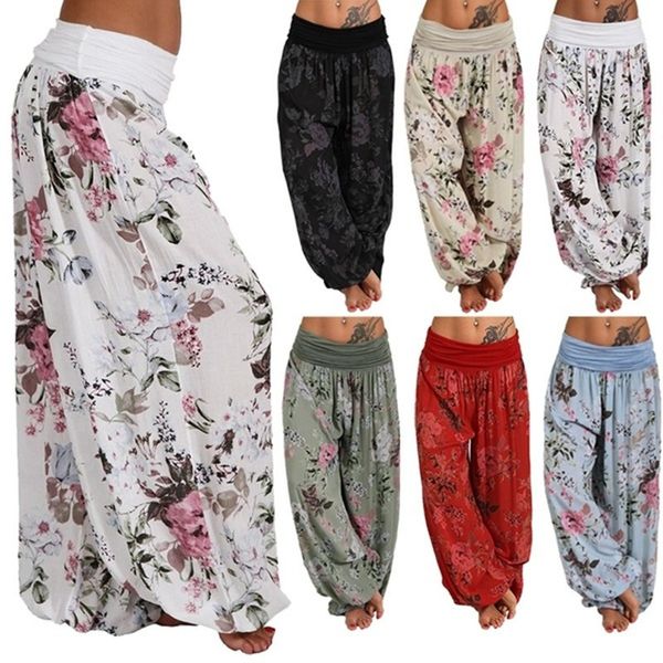 Женщины Богемский цветочный принт длинные брюки середины талии старинные винтажные брюки гарема эластичные талии Boho пляжные брюки плюс размер 5XL 210319