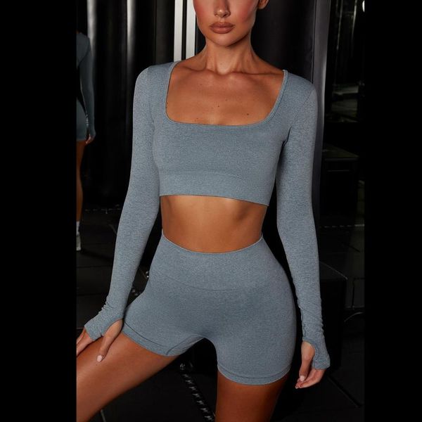 

yoga outfit gym set women feamle seamless 2 two piece crop long sleeve shirt shorts sportsuit workout sport femalewear clothes
