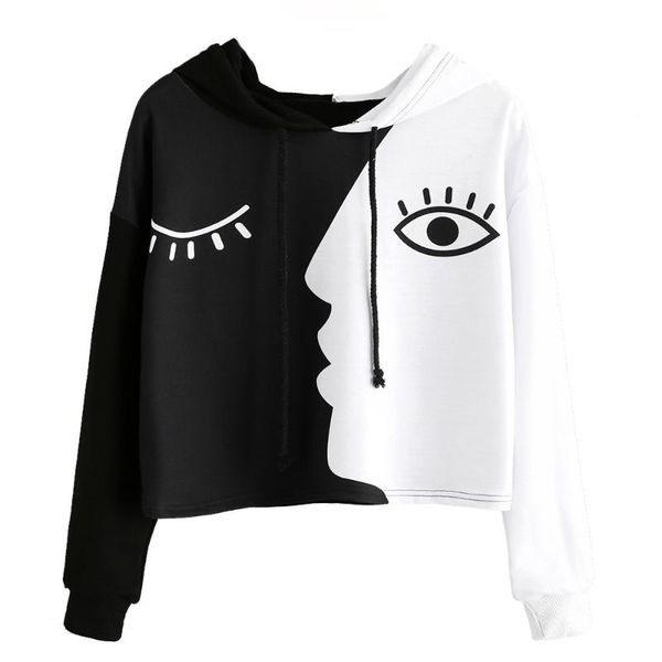 

hooded print women ladies sweatshirts hooded long sleeve crop patchwork blouse pullover lace up drawstring sweat shirts jacket, Black
