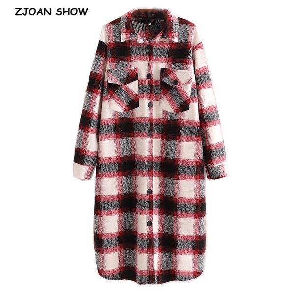 

winter gingham check plaid coat oversize style women front pockets loose long lapel woolen jacket 210429, White