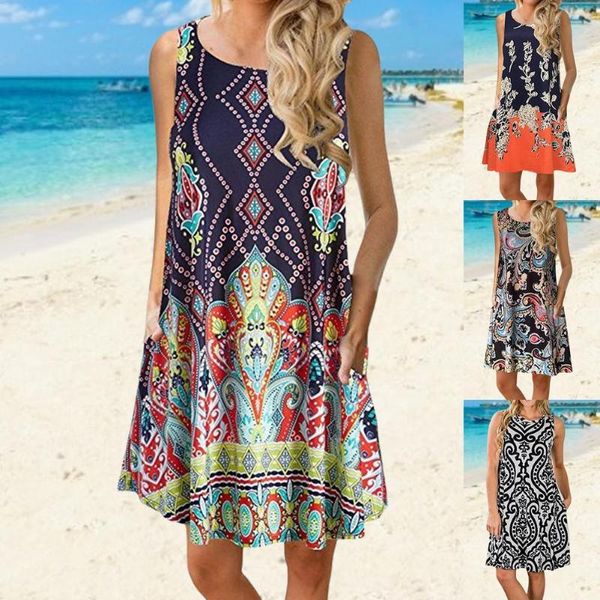 

casual dresses women summer beach floral print dress sleeveless pocket tank sundress 2021 spring round neck vest large size, Black;gray