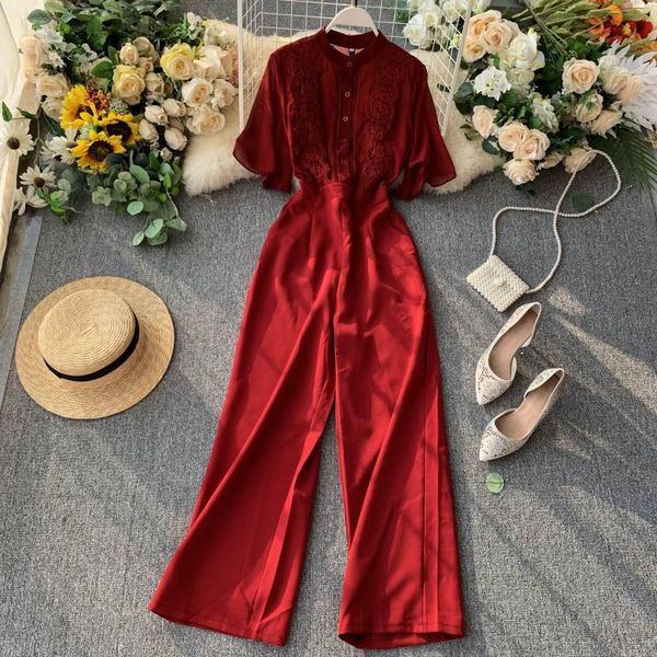 

women's jumpsuits & rompers lace jumpsuit women clothes 2021 korean vintage elegant straight full length pants chiffon overalls for rop, Black;white
