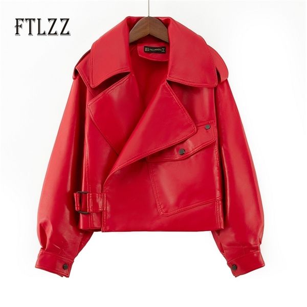 

women biker leather jakcet fashion loose turn down collar short pu coats spring autumn black leahter outerwear 210525