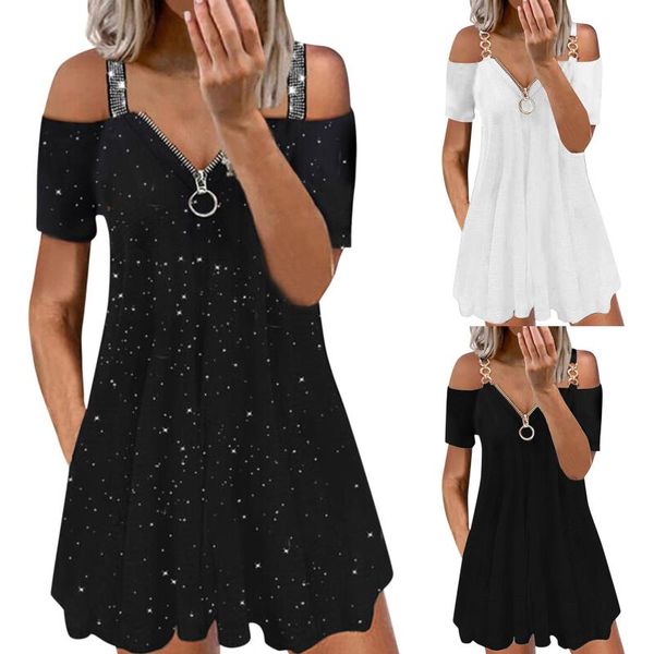 

women's swimwear vintage dress fashion casual v-neck short sleeve strap open back zipper elegant pleated streetwear dresses, White;black
