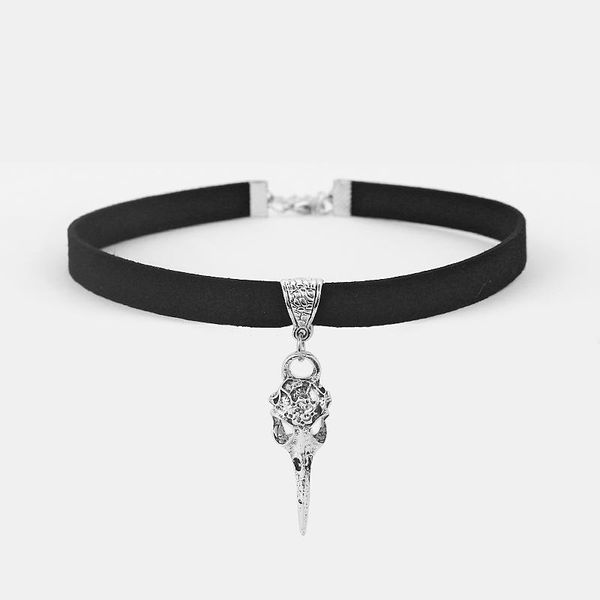 

chokers black 10mm flat faux suede cord crow raven skull bird charm 13" choker necklace 38x13mm, Golden;silver