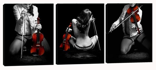 

paintings 3 panels black and white canvas wall art - lady with violin for living room woman decor pictures
